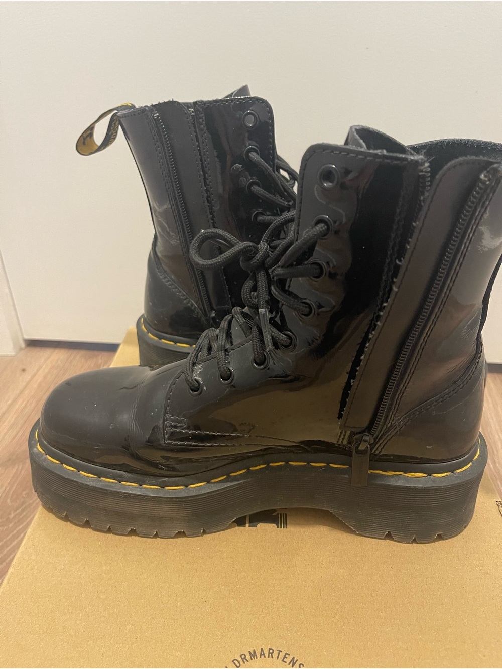 Dr. Martens Black Patent Platform Lace-Up Boots with Yellow Welt - Picture 3 of 4